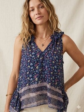 Tramp Navy Blue Floral V-Neck Ruffle Strap Camisole Tank Top Sheer Boho Size S